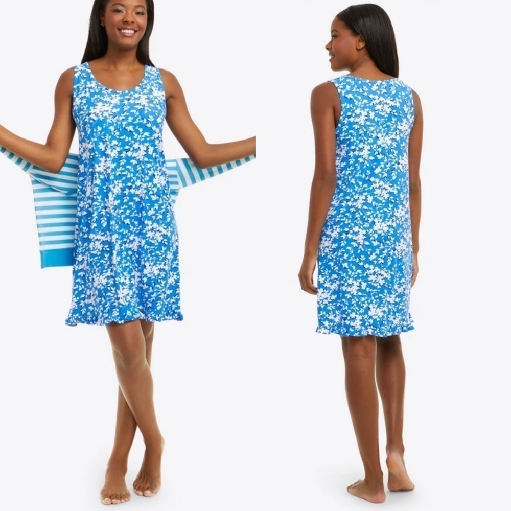 NWT Draper James Ruffle Nightie In Blue Shadow Floral